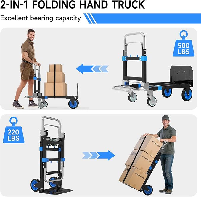 3-in-1 Heavy Duty Folding Hand Truck, 500LB Capacity Convertible Steel Dolly - Image 3