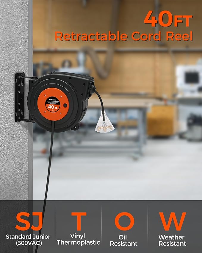 Retractable Extension Cord Reel, 40 FT Heavy Duty Power Cord, 12AWG/3C SJTOW - Image 2