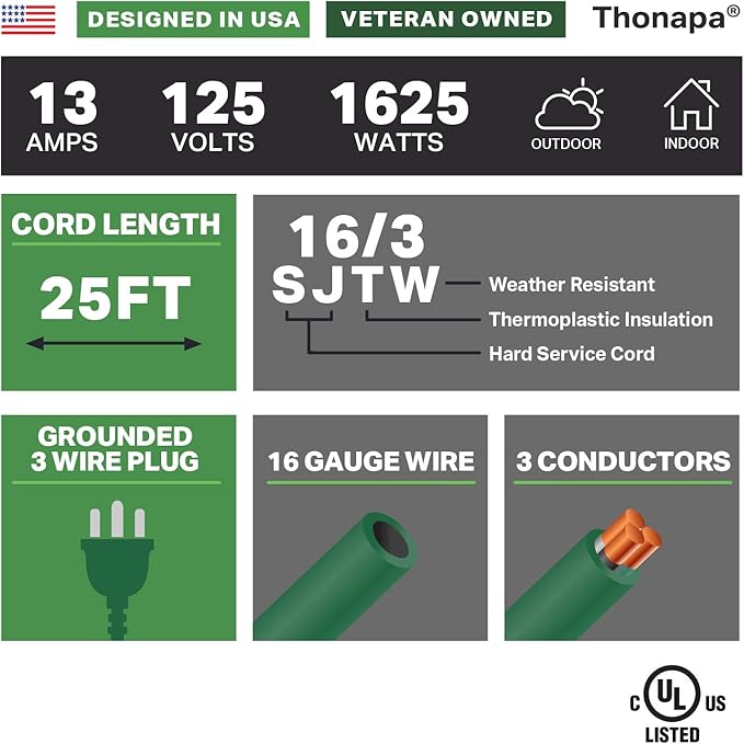 13 Amp Outdoor Extension Cord 25 ft, 16/3 SJTW 25ft Green Extension Cord 3 Prong - Image 2
