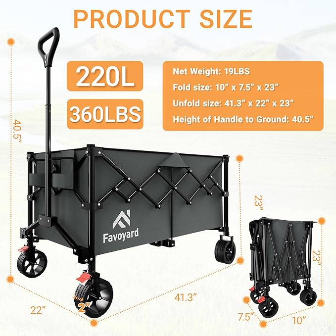 Favoyard Extra Large Collapsible Wagon Carts Foldable 360LBS Heavy Duty Beach - Image 7
