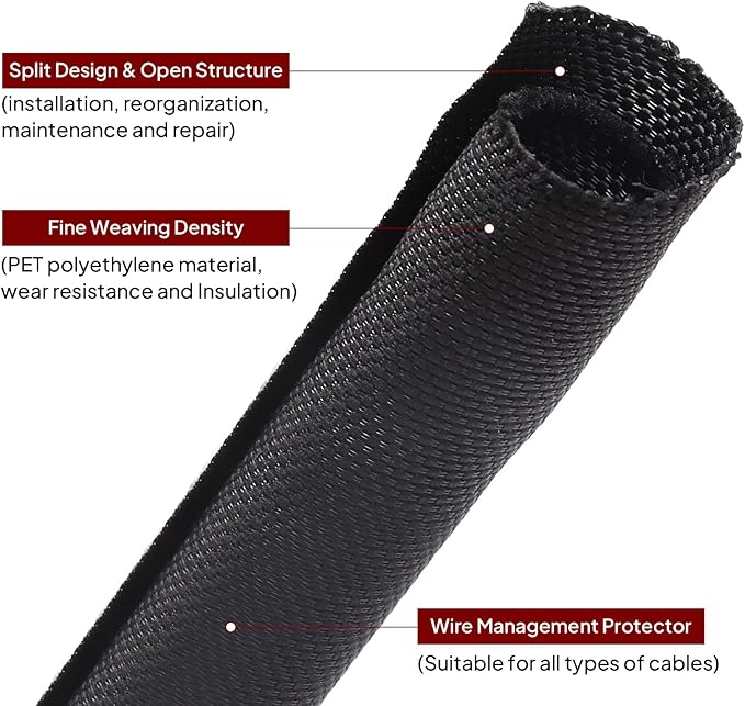 Black Braided Cable Management Sleeves Wire Loom Tubing Cord Protector - Image 4