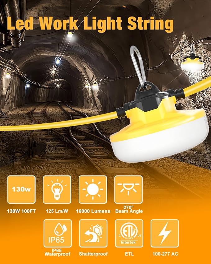 100FT LED Construction String Lights 3 Prong, 130W 16000Lm LED String Work - Image 2