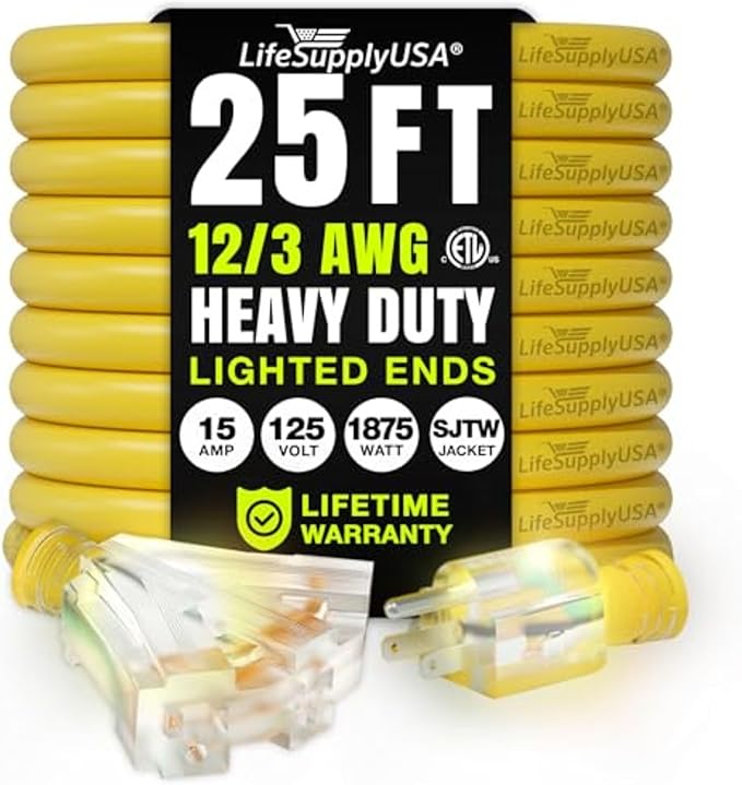 25ft Outdoor/Indoor Extension Cord 3-Outlet 12/3 Gauge Extra Heavy Duty ETL by LifeSupplyUSA