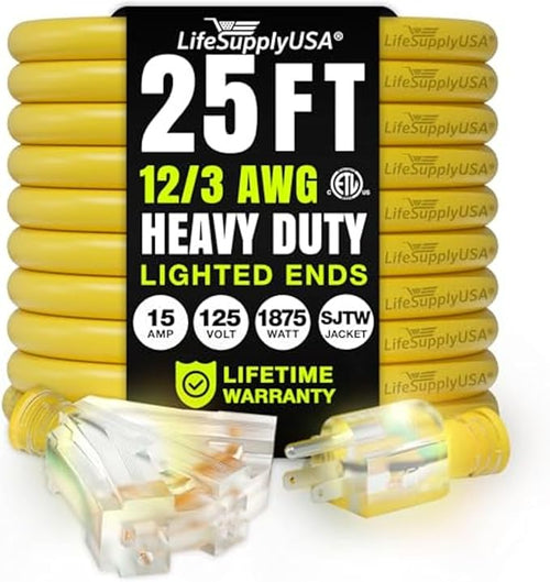 25ft Outdoor/Indoor Extension Cord 3-Outlet 12/3 Gauge Extra Heavy Duty ETL by LifeSupplyUSA