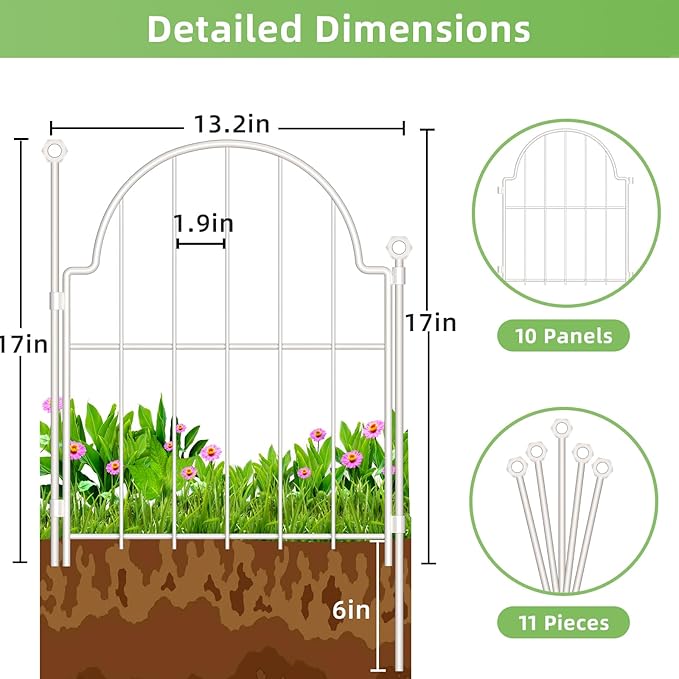 Decorative Garden Fence 17in x 10ft, 10 Pack Metal No Dig Garden Fencing Animal - Image 2