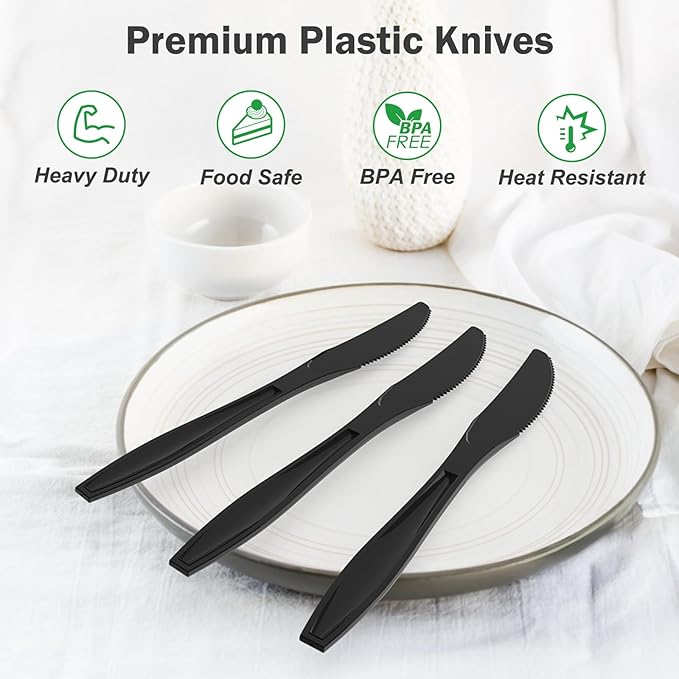 360 Count Extra Heavy Duty Black Plastic Knives Disposable, Heat Resistant - Image 4