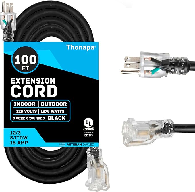 12/3 Black Oil Resistant Extension Cord 100 ft, SJTOW 12 Gauge Heavy Duty by Thonapa