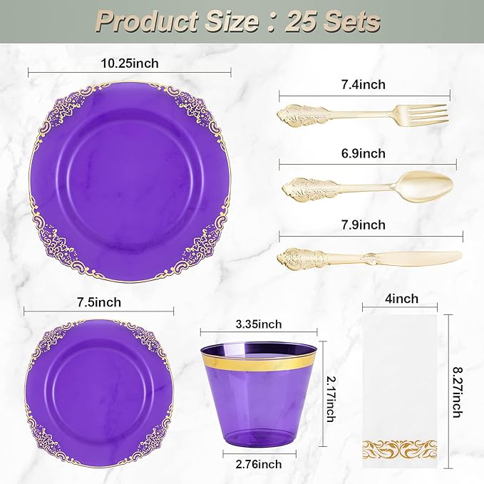 175PCS Clear Purple Plastic Plates - Image 2