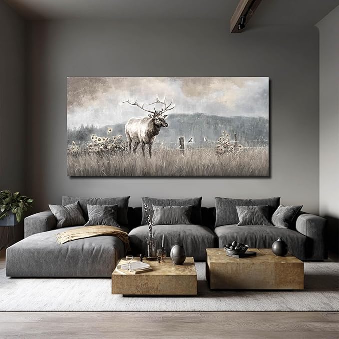 ZHENGYIN Extra Wide Panoramic Elk Canvas Wall Art, Western Deer Meadow by Unknown
