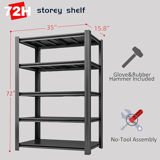 5-Tier 35" W x 15.8" D x 72" H Garage Shelving 3000LBS Storage Shelves Heavy - Image 3