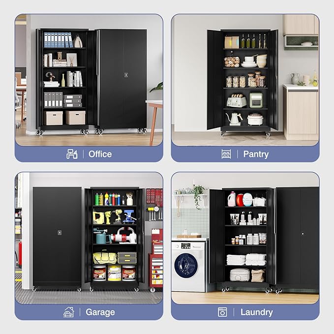 Metal Storage Cabinet with Wheels, Tall Garage Storage Cabinet with 4 - Image 5