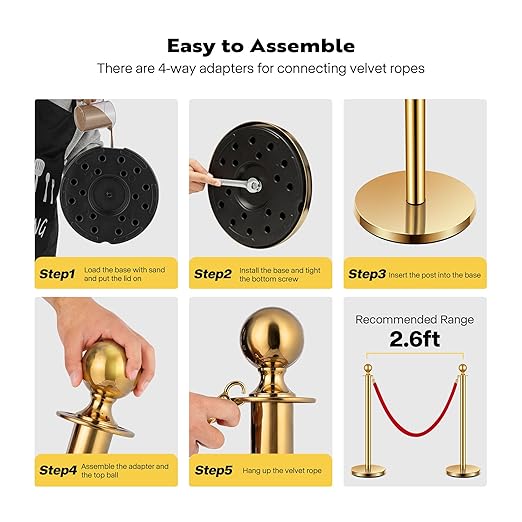 VIVOHOME Stainless Steel Stanchion Post Queue 4PCS Pole w/ 2 Red Velvet Ropes - Image 4