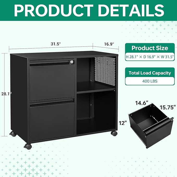 Letaya Mobile File Cabinet, Metal Lateral Rolling Printer Stand Filing Cabinets - Image 3