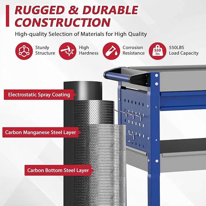 3 Tier Rolling Tool Cart on Wheels, Heavy Duty Industrial Utility Cart Service - Image 2