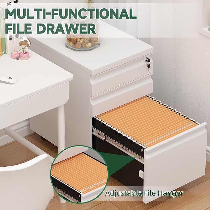 3 Drawer File Cabinet on Wheels, 25.6" H White Filing Cabinet - Image 6