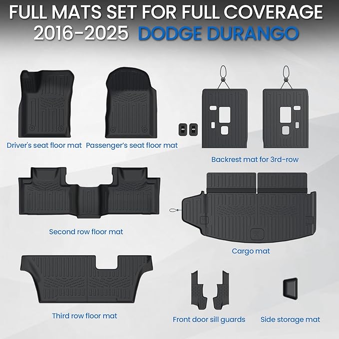 Floor Mats Set for 2016-2026 Dodge Durango, All Weather TPE Backrest Mat Trunk - Image 9