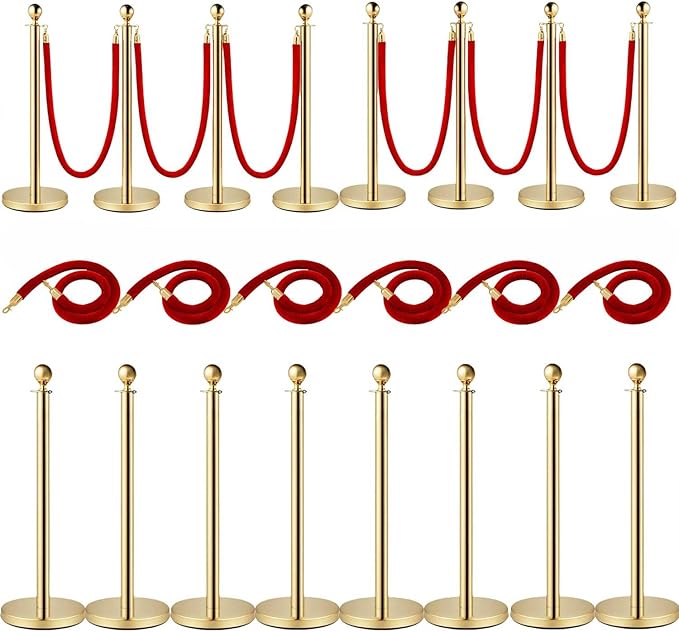 8PCS Gold Stanchion Posts with 5FT Red Velvet Ropes, Stainless Steel Crowd by AMZSTAN