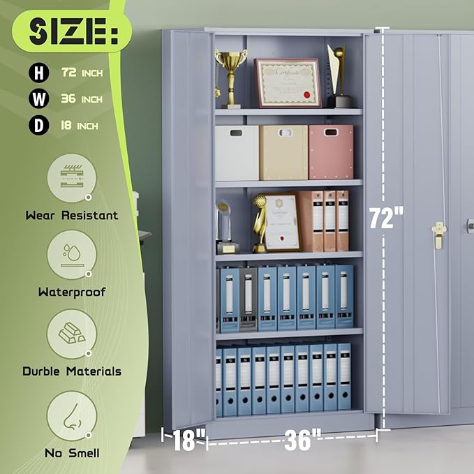 Crownland 72" Metal Storage Cabinet, Lockable Garage Storage Cabinets, High - Image 3