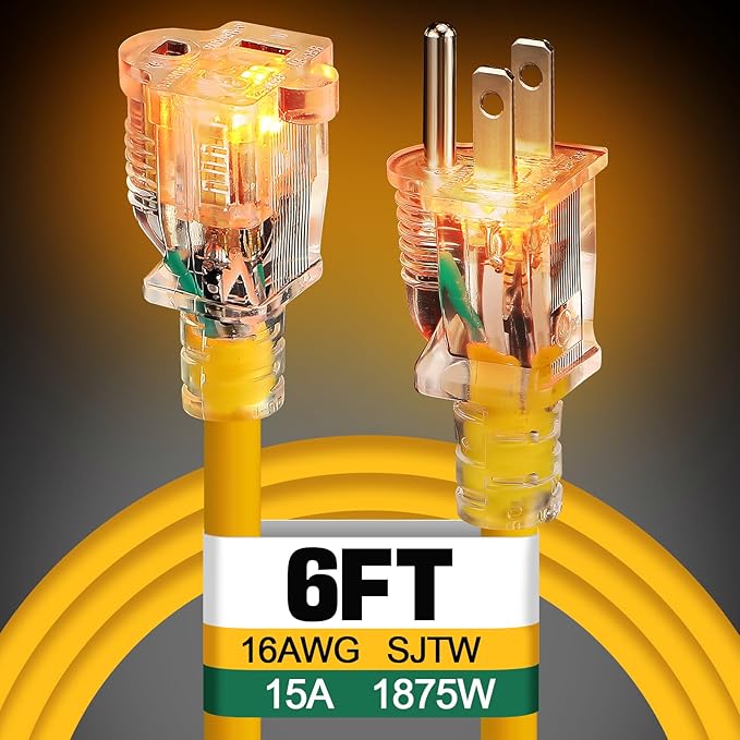 Lighted End Heavy Duty Outdoor Extension Cord Waterproof -16AWG, 3 Prong by Alphatool