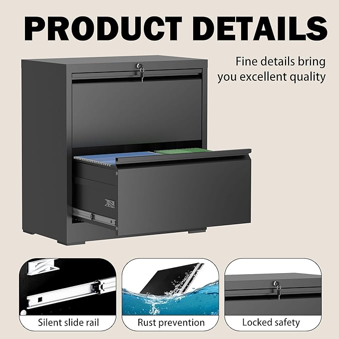 Lateral File Cabinet with Lock, 2 Drawer Filing Cabinet, Metal File Cabinets - Image 4
