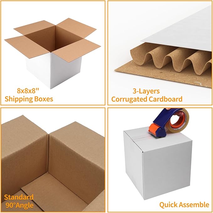 PETAFLOP 8x8x8 Shipping Boxes Set of 25, Small White Cardboard Mailer Box - Image 3