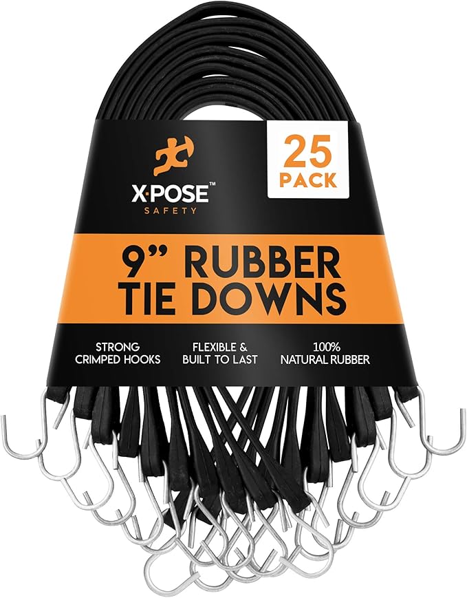 Rubber Bungee Cords with Hooks 25 Pack 9 Inch Heavy-Duty Black Tie Down Straps by XposeSafety
