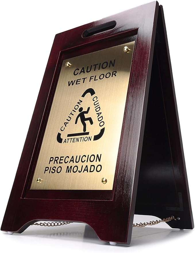 Premium Wooden Caution Wet Floor Sign – Bilingual w/Non-Skid Plastic Feet by WholesaleHotelProducts