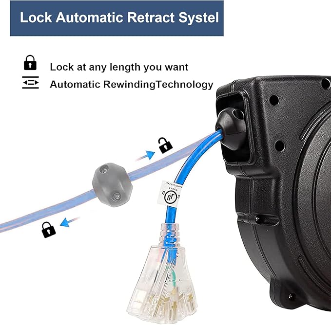 Retractable Extension Cord Reel, 65 Feet 12 AWG/3C SJTOW Heavy Duty Power Cord - Image 3