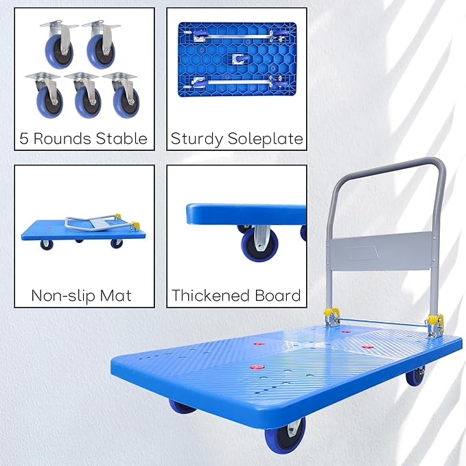 Doppy Flatbed Cart, 1320lbs Heavy Duty Capacity Platform Hand Truck 360 Degree - Image 4