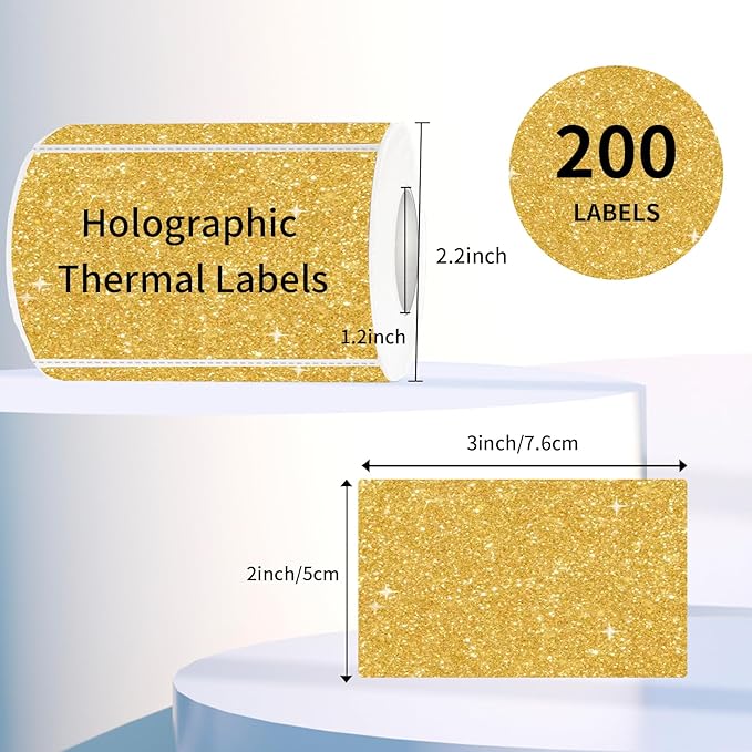 3x2 Inch Holographic Thermal Labels, Shiny Gold Thermal Sticker Labels - Image 2