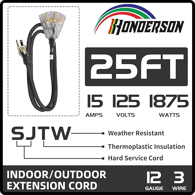 3-Outlets Indoor Outdoor Extension Cord Weatherproof - Image 2