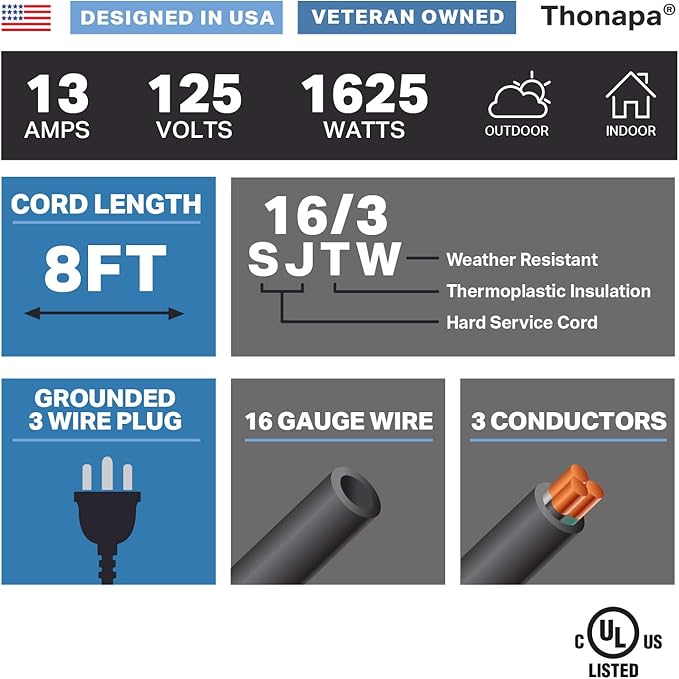 13 Amp Outdoor Extension Cord 8 ft, 16/3 SJTW 8 Foot Black Extension Cord 3 - Image 2