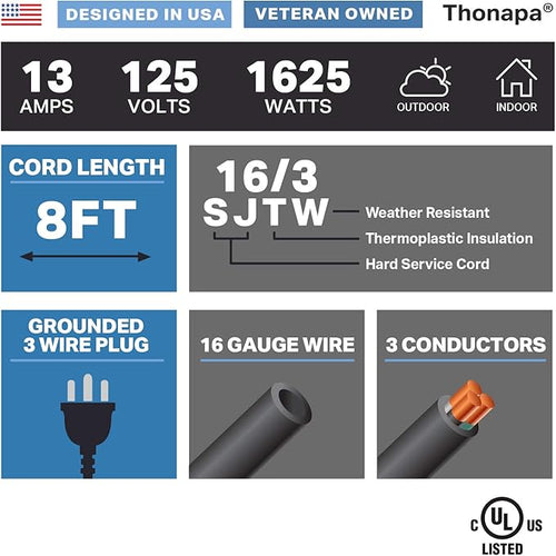 13 Amp Outdoor Extension Cord 8 ft, 16/3 SJTW 8 Foot Black Extension Cord 3 - Image 2
