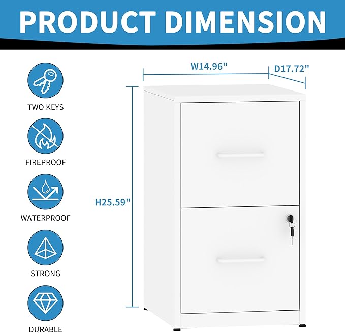 2 Drawer File Cabinet with Lock, Steel Vertical Filing Cabinets - Image 3