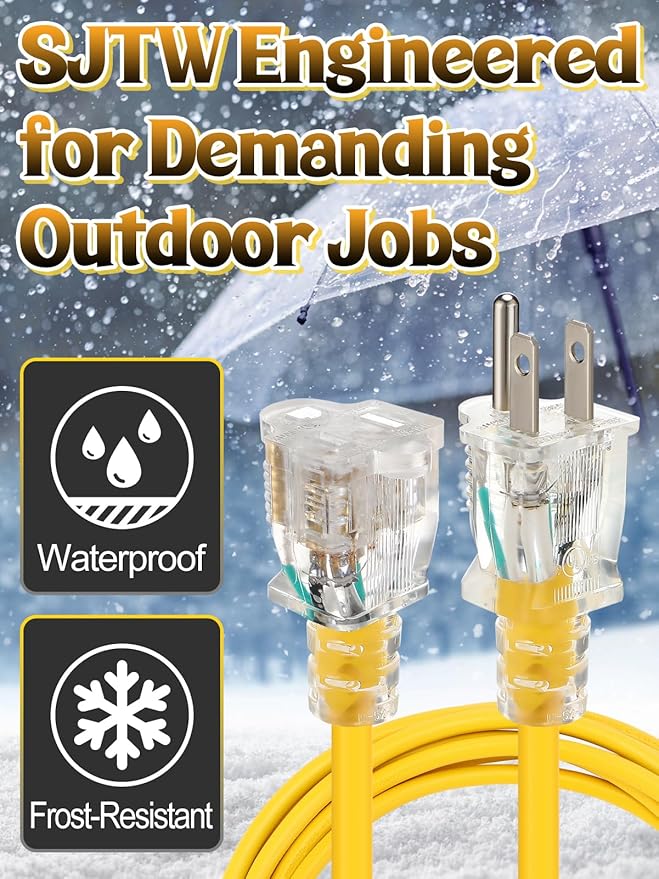 Lighted End Heavy Duty Outdoor Extension Cord Waterproof -16AWG, 3 Prong - Image 2