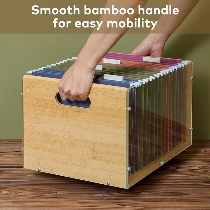 Letter/Legal Bamboo Acrylic File Box Organizer, Hanging File Folder Storage - Image 5