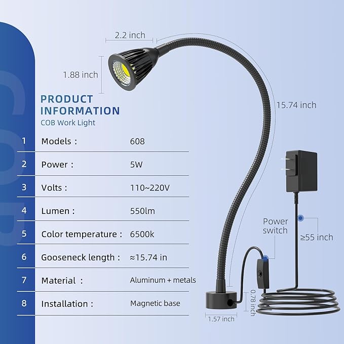 Led Magnetic Work Light 400mm Flexible Gooseneck lamp 700 Lumens 120 Volt - Image 6