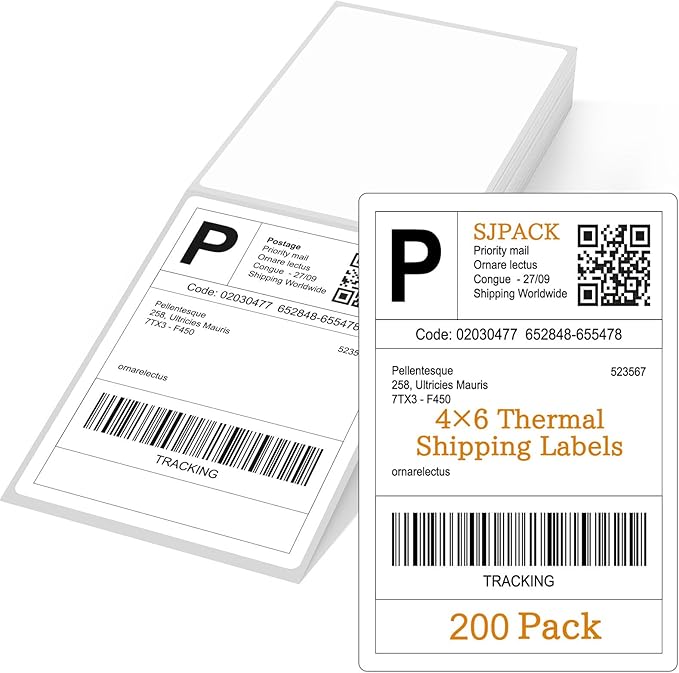 SJPACK 4" x 6" Thermal Labels, 200 Fanfold Labels, Direct Thermal Shipping by SJPACK