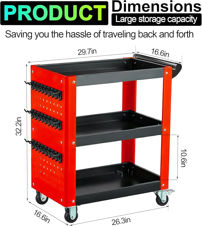 3 Tier Rolling Tool Cart, Mechanic Tool Cart on Wheels, Mechanic Storage - Image 3