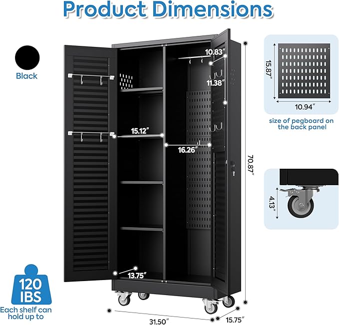 Garage Storage Cabinet with Wheels and 4 Shelves, Metal Broom Closet Storage - Image 3