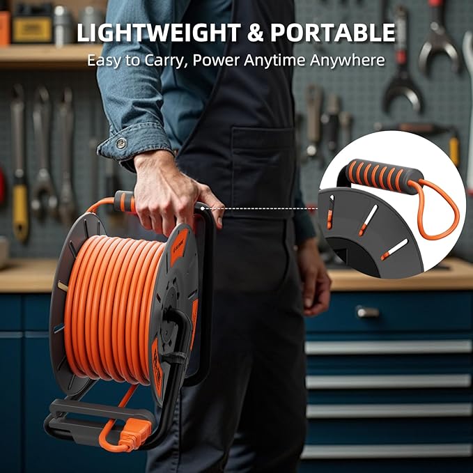 60 FT Retractable Extension Cord Reel, 14AWG SJTOW Heavy Duty Power Cord - Image 7