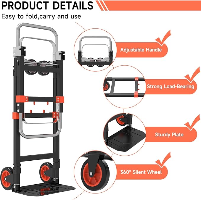 3-in-1 Heavy Duty Folding Hand Truck, 500LB Capacity Convertible Steel Dolly - Image 4