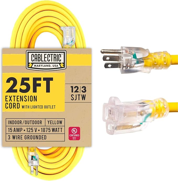 25 Ft Outdoor Extension Cord - 15 Amp 12/3 SJTW Heavy Duty Yellow 12 Gauge by Cablectric