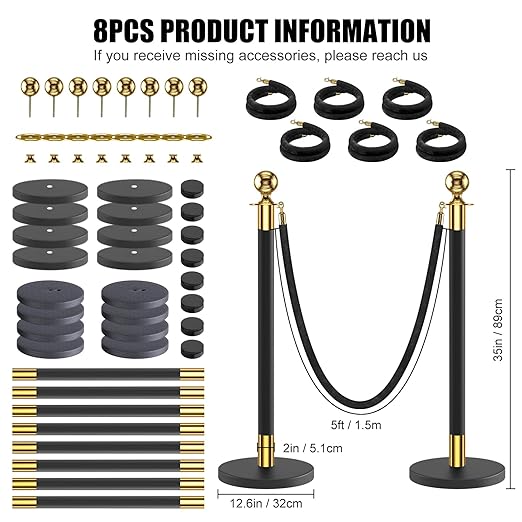 kaiyomi 8Pcs Stanchions with Black Velvet Ropes Set, 5 Feet Velvet Ropes and - Image 2