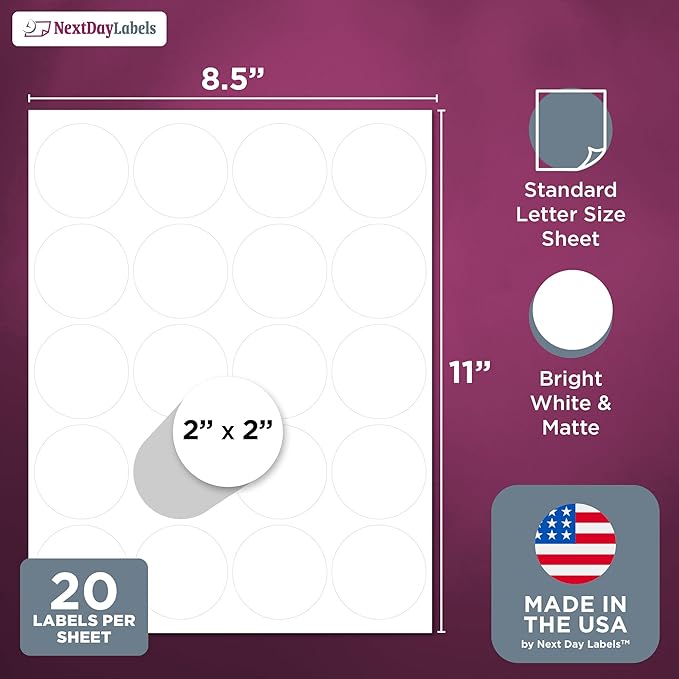 NextDayLabels - 2 Inch Round Circle Stickers - Matte White Blank Laser/Inkjet - Image 2