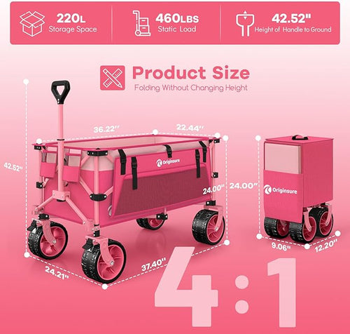 220L Collapsible Wagon Cart Foldable, 460lbs Load Capacity Heavy Duty Folding - Image 2