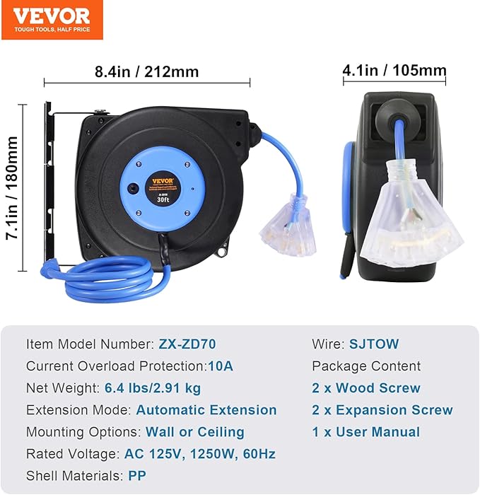 VEVOR 30FT Retractable Extension Cord Reel, 16AWG/3C SJTOW Heavy Duty Power - Image 7