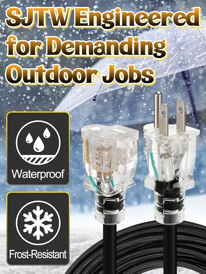 Lighted End Heavy Duty Outdoor Extension Cord Waterproof -16AWG, 3 Prong - Image 2