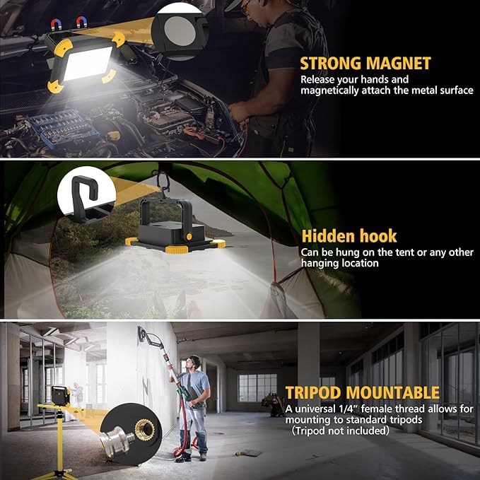2-Pack Portable Flood Light, 4000mAh Magnetic Rechargeable LED Work Light - Image 5
