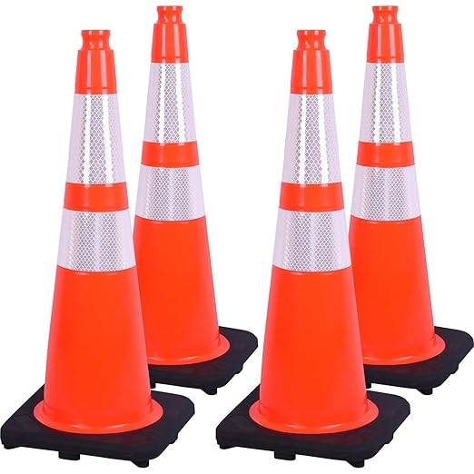 Fluorescent Orange PVC Traffic Cones, Heavy-Duty Black Base Garage Parking Lot by OranLite